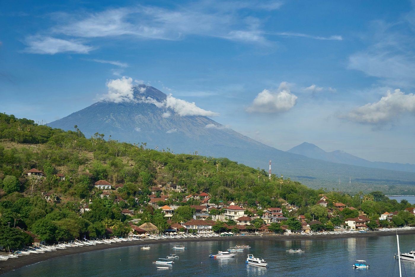 The northeast coast at Amed with Mount Agung behind, Bali