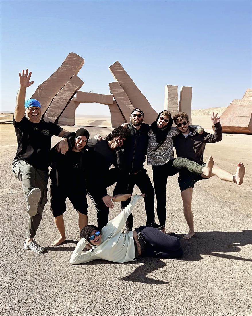 The group celebrating at the Ras Mohamed monument, Sinai