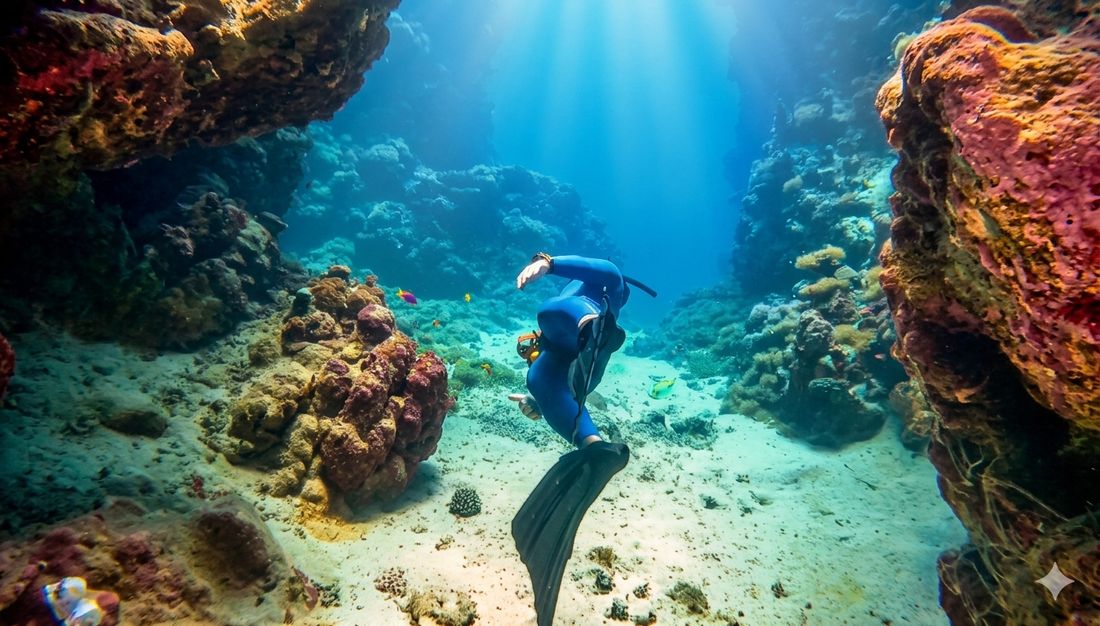 Freediver in the sun rays over the reef