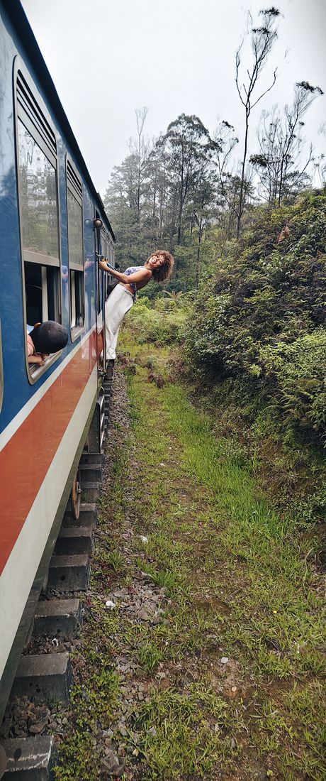 Leaning out of the hill-country train, Sri Lanka