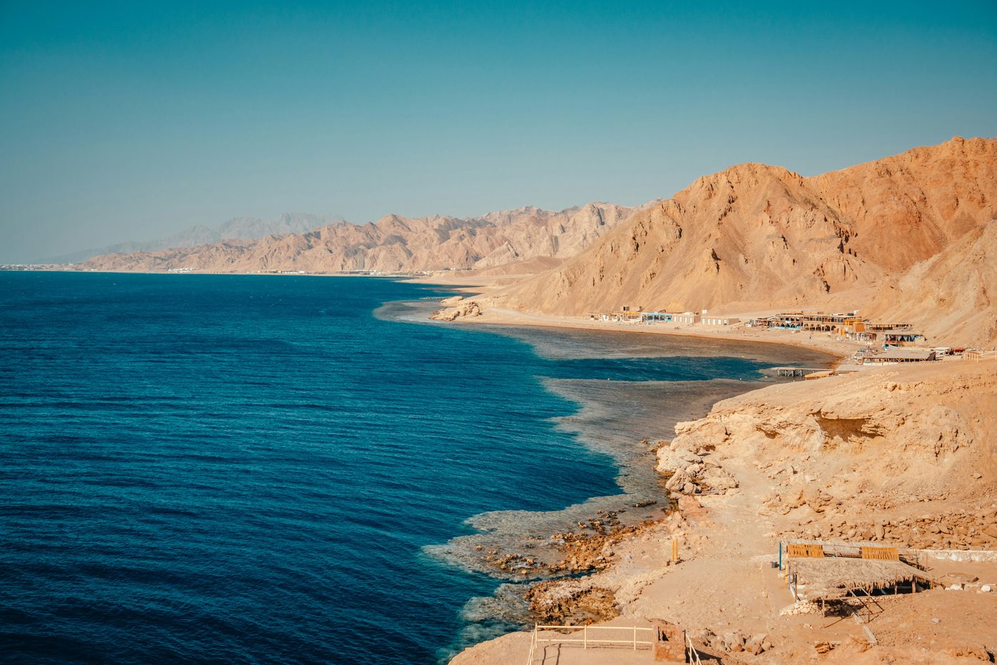The Blue Hole from above, with the Red Sea and the Sinai mountains, Dahab
