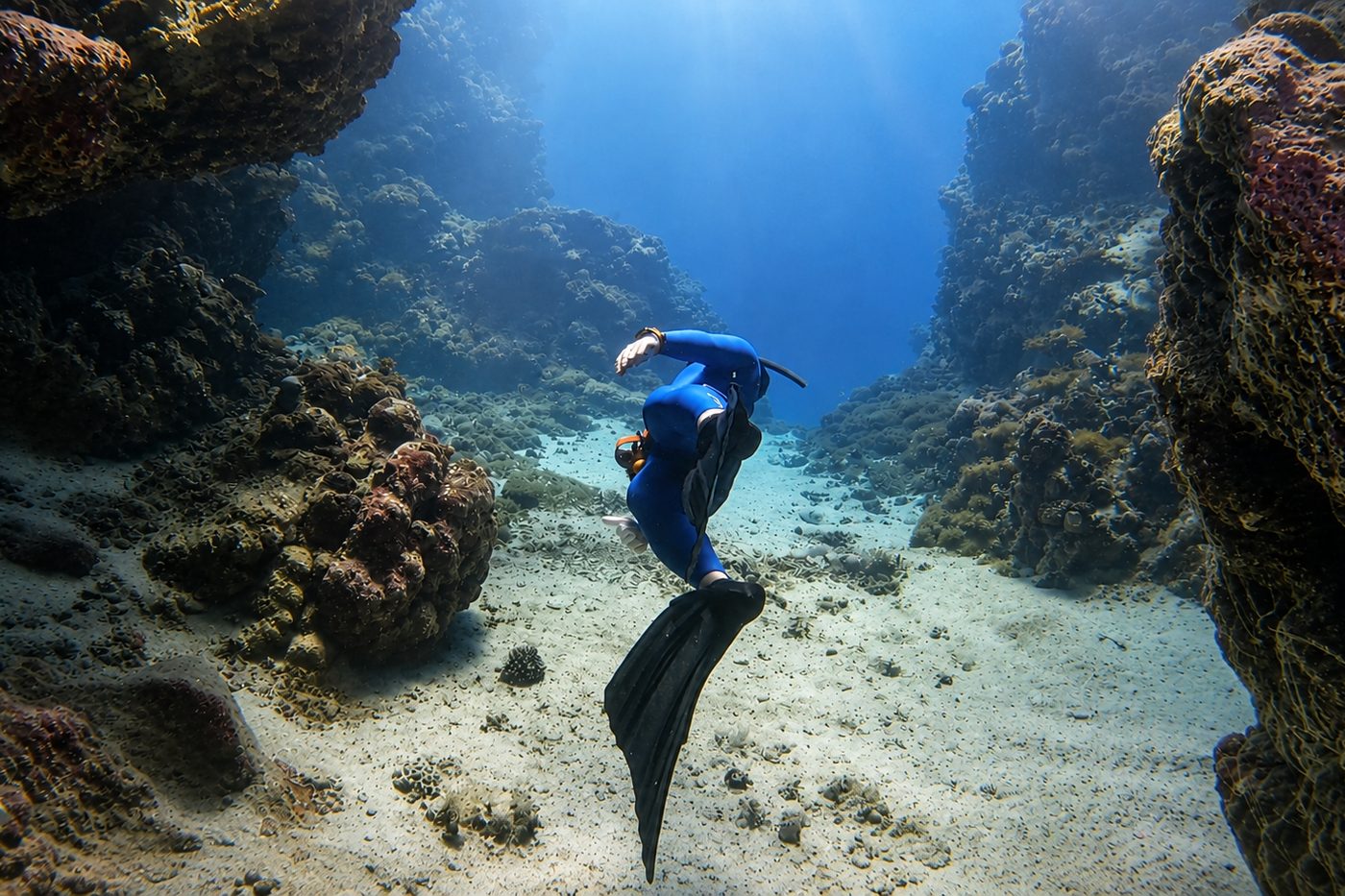 A freediver between the coral walls at Ras Mohamed, Red Sea